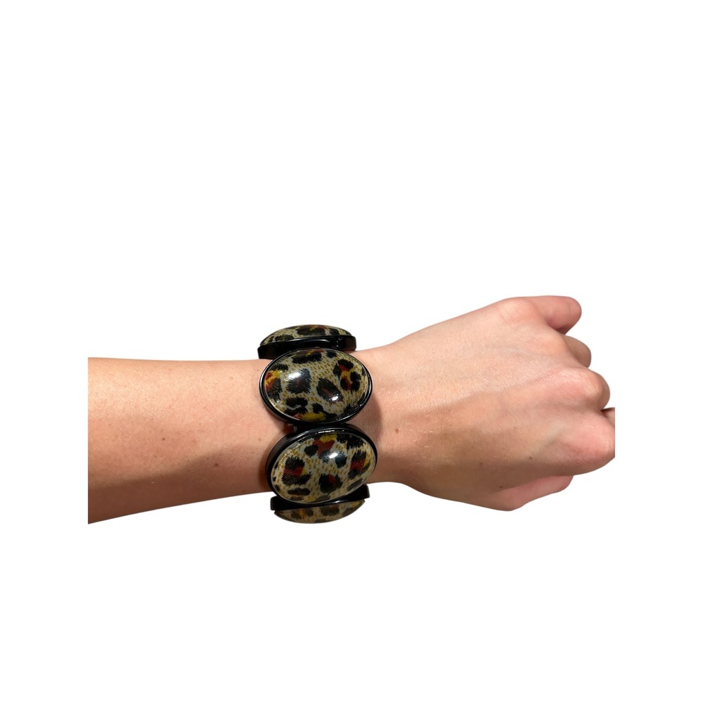 Leopard Print Stretch Bracelet Chunky Oval Cabochon Animal‎ Pattern Statement